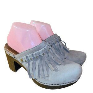 DANSKO DENI 8.5/9 Gray Leather w/ Fringe & Stud Trim Slip On Clog Heel Sandals